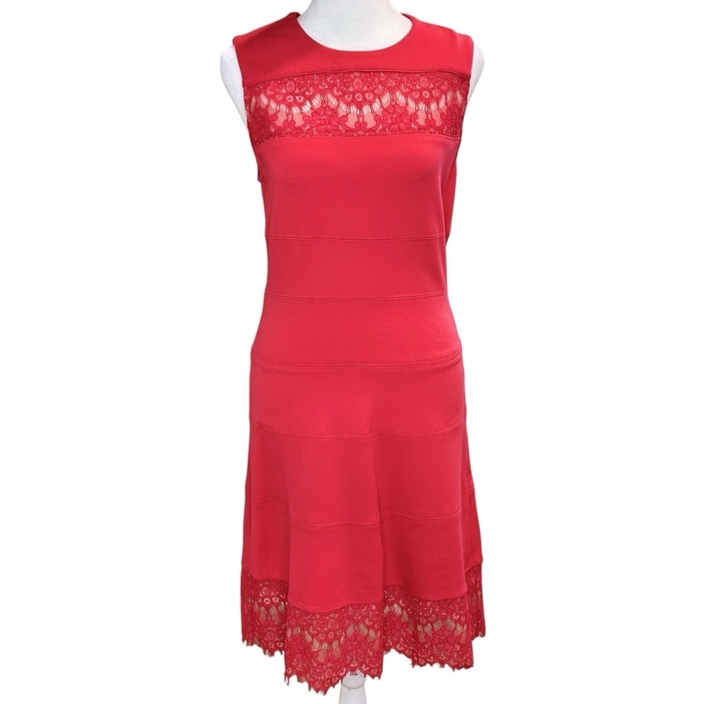 BCBGMaxAzria Red Lace-Trim Sleeveless Midi Dress
